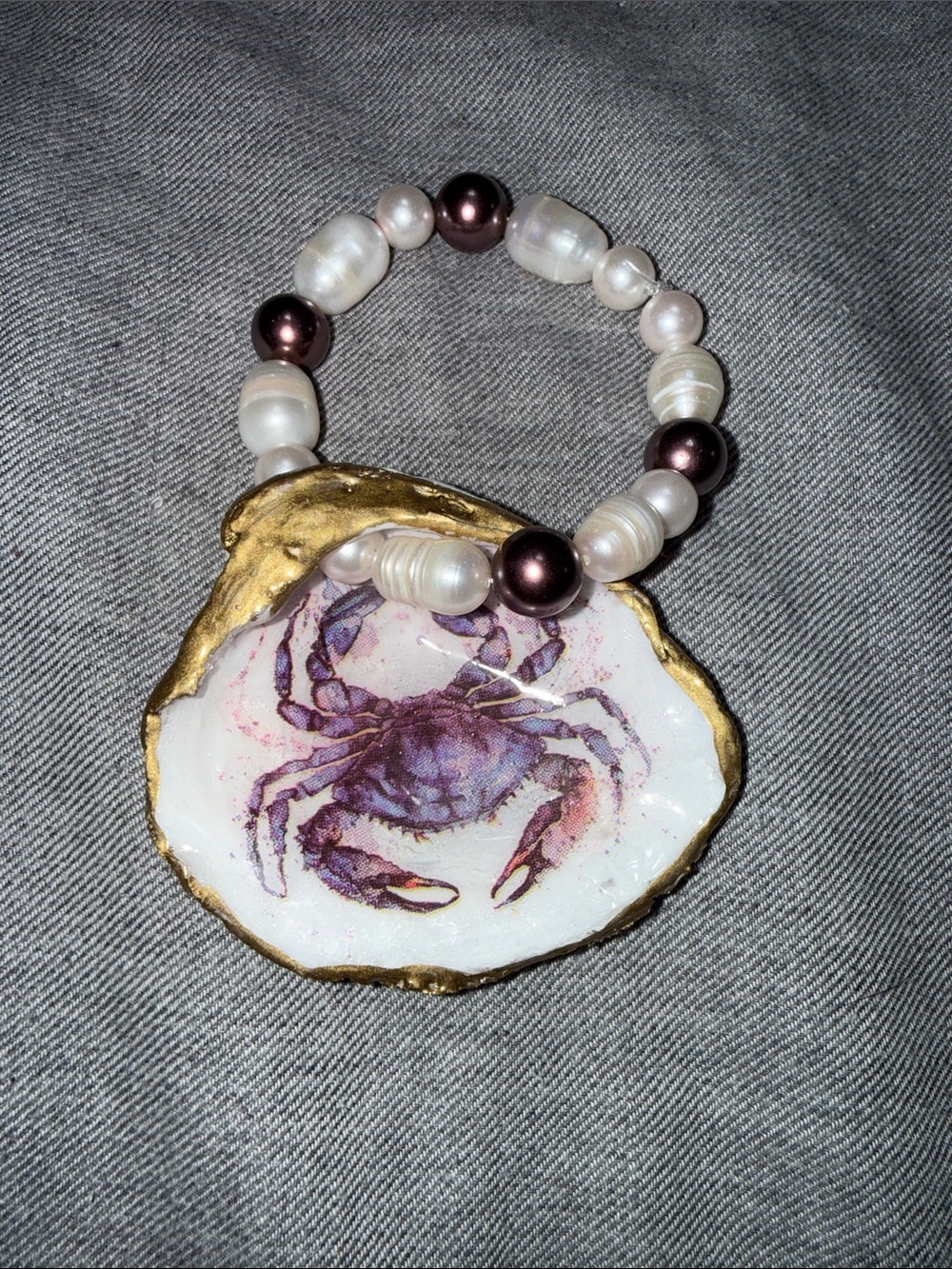 Purple Crab Shell Ornament with Gold Trim and Pearlescent Beads